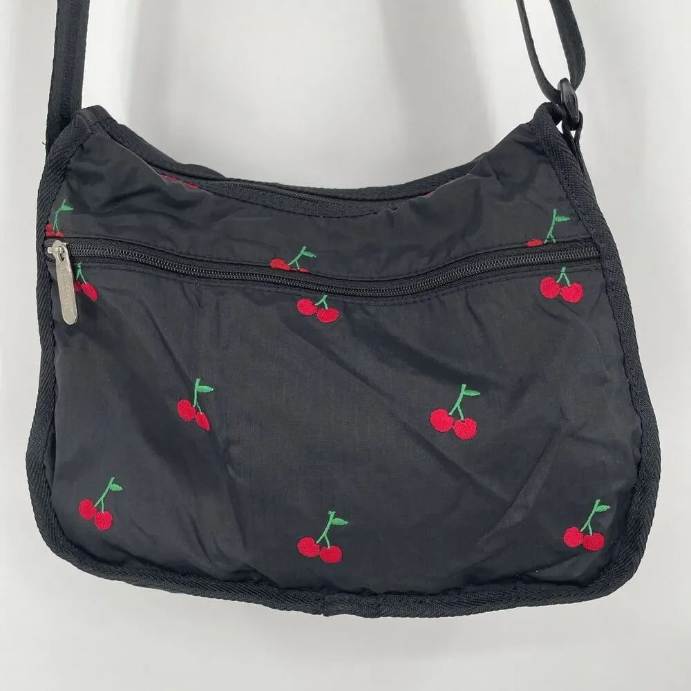 LeSportsac HTF Red Cherries Embroidered Shoulder Bag Purse Clean Black - Picture 2 of 10